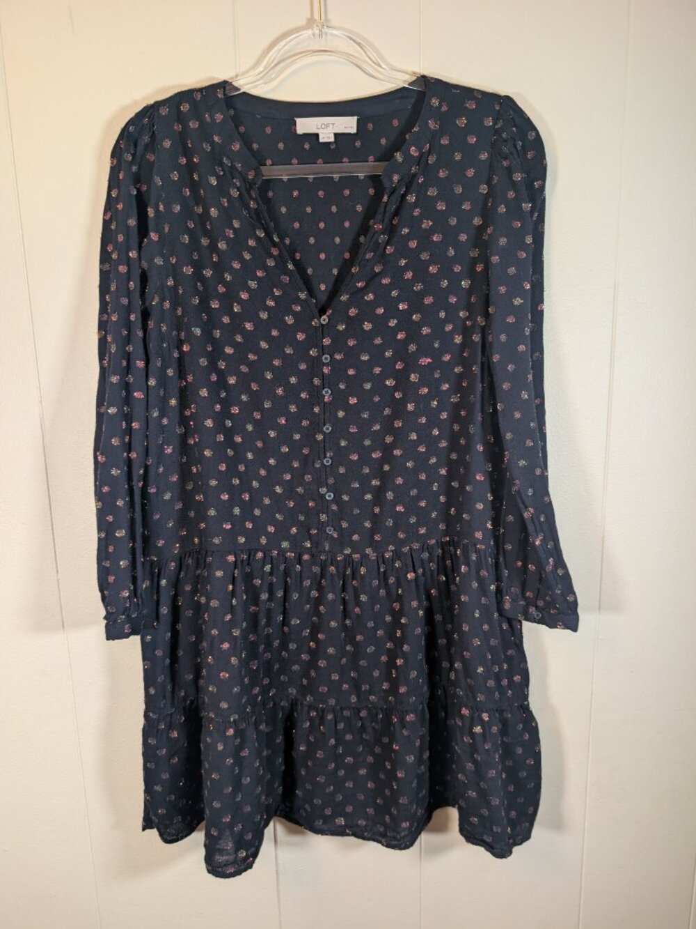 SHIMMER LOFT Petite Tiered Dress MP Metallic Dot Long Sleeve Boho Party Navy